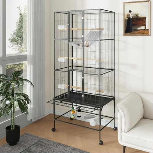 Zstar Grande Cage à Oiseaux Volière d'Intérieur Métal 181 cm sur roulettes avec Tiroir Amovible Mangeoires et Perchoirs Bois pour Perruches Perroquets Calopsittes Canaris