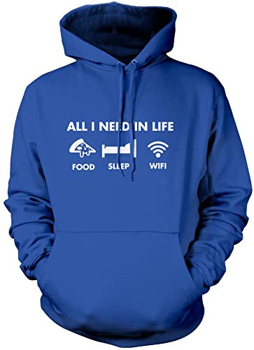 HotScamp All I Need In Life Food Sleep WIFI Unisex Adults and Kids Hoodie - Funny Millenial Teenager Gamer Lazy Blue Large