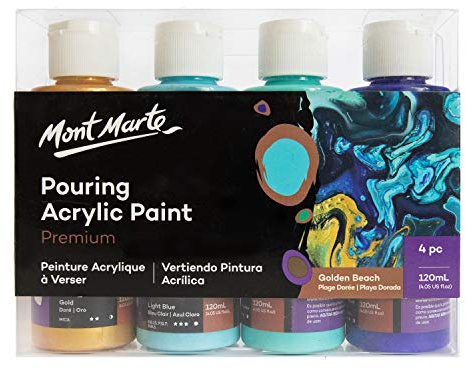 Mont Marte Colori Acrilici Pouring Set Spiaggia d'Oro – 4 pezzi x 120ml – Pitture Acriliche premiscelate con Medium per Acrilico – Oro, Turchese, Azzurro, Blu oltremare