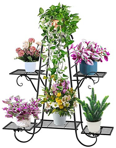 CarolynDesign Supporto per piante a 6 ripiani per interni ed esterni, mensola per vasi di fiori multipiante, in metallo nero