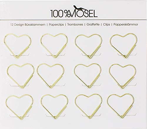 100% Mosel Büroklammern Gold, 12 Stück, in Herzform (3 x 2,7 cm), edle Klammern aus Metall, modernes Accessoire fürs Büro/Homeoffice, elegante Deko zu besonderen Anlässen