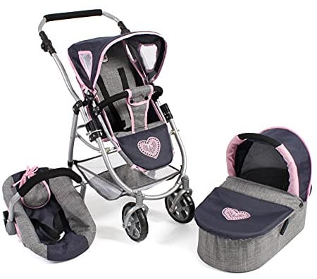 Bayer Chic 2000 637-26 Kombi-Puppenwagen Emotion 3-in-1 All In, Melange Grau-Navy