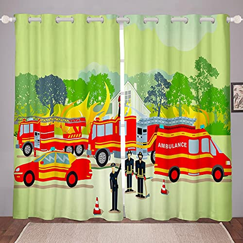 Loussiesd Auto Vorhänge Kinder Jungen Karikatur Feuerwehrauto Blickdichte Vorhänge Jugendliche Feuerwehr Fahrzeuge Drucken Fenstervorhang 137x117cm Feuerwehrauto Raumdekor
