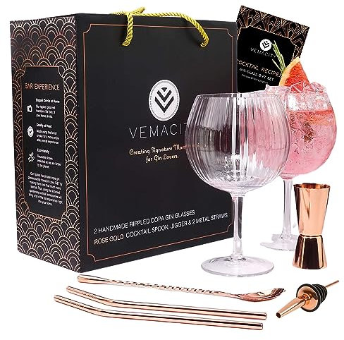 Lot de 2 Verres G&T Gin Tonic Ondulés Faits à la Main | Cuillère à Cocktail en, Mesure à Esprit, 2 Pailles en Métal et Spirit Verser. Un Livre électronique de recettes | Boîte Cadeau