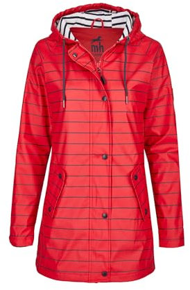 mh michael heinen Damen Regenjacke Tau, Friesennerz, Regenparka mit Kapuze, Regenmantel, Wetterjacke, gestreift, wasserdicht, Winddicht red-Navy 36
