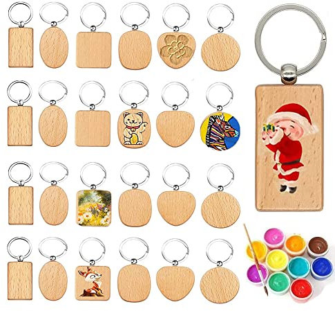 Tiamu 60 Porte-Clés Personnalisé en Bois, Bricolage Vierge Porte Clés Bois Brut avec Anneau éTiquette Anti-Perte, Porte Clés Étiquette Gravable/Peinte pour Clés Femmes Cadeau Décor