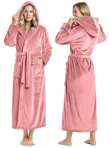 NY Threads Premium Womens Robe with Hood, Plush Fleece Long Bath Robe for Women, Fluffy Soft Women's Bathrobe, Coral, Medium