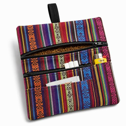 Russo Handmade Portatabacco Artigianale in Tessuto con Doppia Zip, 4 Scomparti Porta Cartine e Filtri, Mélange Rosso