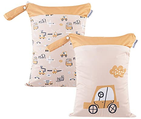 Treer Windeltasche für Babys Unterwegs, 2 Stück Stoffwindeln Nasstaschen Wasserdicht Waschbar Groß mit Doppelreißverschluss Nasse Trocken Wickeltasche Wetbag Kindergarten (gelbes Auto,30x40cm)