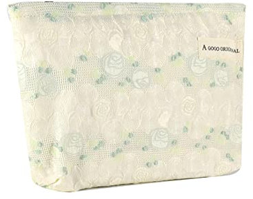 Fycyko Trousse de Toilette Voyage pour Femme,Trousses de Maquillage en Toile Sac de Organiseur Rangement Broderie de Fleurs de Rose Ronde à Cosmétique Sac de Maquillage Crayons Sacs Cadeau - Beige