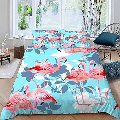 ALABOW Flamingo Bettwäsche Set 135x200 cm 2teilig mit Reißverschluss Weiche und Angenehme Schlafkomfort Microfaser Bettbezug Abstrakt Blätter Flamingo Kinderbettwäsche mit Kissenbezug 80x80