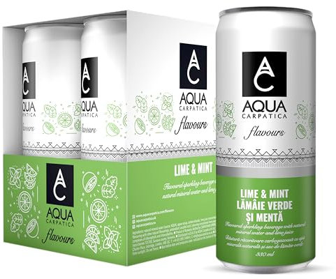 AQUA Carpatica Sparkling Flavours Lime & Mint 330ml x 4 - Natural Fruit Juice Infused Sparkling Water, No Added Sugar, Naturally Alkaline, Sweetened with Agave Syrup, Rich in Minerals