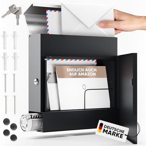 BaarWerk Briefkasten Anthrazit Groß [SoftClose,EinHand Entnahme] Briefkasten Edelstahl mit Zeitungsfach Modern RAL 7021 Postkasten Mailbox Wandbriefkasten Wetterfest Outdoor