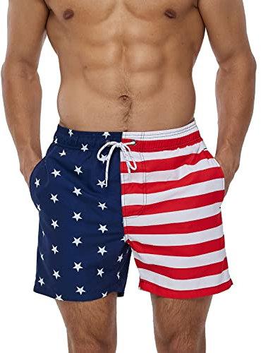 Cogild Herren-Badehose, bunt bedruckter Kokosbaum, lange Badehose, schnell trocknende Boardshorts mit Netzfutter, USA-Flag-1, XL
