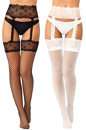 Geyoga 2 Paires Bas Porte-Jarretelles en Dentelle Bas Hauts de Cuisse Collant en Résille Floral avec Jarretière pour Femme