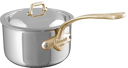 Mauviel M'Cook B Sauteuse 5 plis en acier inoxydable poli avec couvercle et poignée en bronze, 1,2 l, fabriquée en France