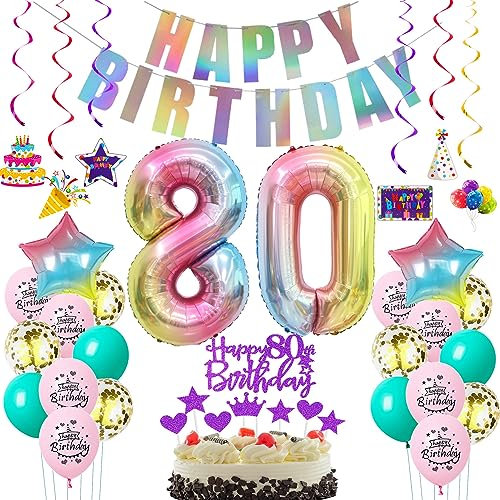 Deko 80. Geburtstag frauen bunt ,Geburtstagsdeko 80 jahre frauen Rosa Luftballons 80 Geburtstag dekoration Regenbogen,bunt Folienballon 80 Geburtstag deko frau Rosa Tortendeko 80 Geburtstag lila