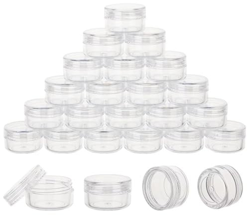 Lot de 25 récipients à échantillons de 5 g, conteneurs transparents pour baume à lèvres avec couvercles, petits pots d'échantillons en plastique avec 2 mini cuillères, 25 étiquettes (couvercle