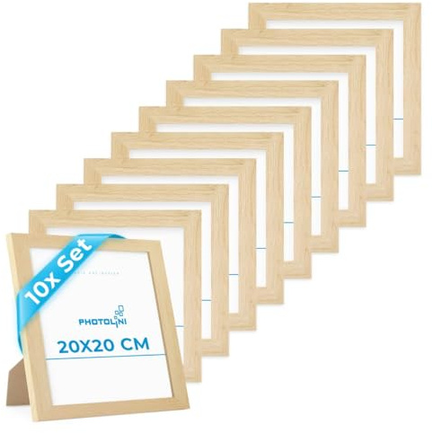 PHOTOLINI Bilderrahmen 20x20 cm MDF-Holz Natur, breite Rahmen, 10er Set, modern, bruchsicheres Acrylglas, zum Aufhängen & Aufstellen, extra Zubehör - für Ihre stilvolle Wanddekoration