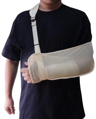 Mesh Armschlinge Schulter Leichte Atmungsaktive Arm Schulterschlinge Einstellbare Schulterschlaufe mit Schaum Nackenpolster für Unisex Rechts Links für Handgelenk Hand Ellbogen Arm verletzt (Beige)