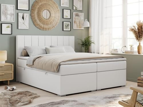 MKS MEBLE Boxspringbett 200x200 Mit 2 Bettkästen, Polsterbett Mit Matratze H4 Topper, Bett Mit Kopfteil - Weiß Kunstleder - H4 - Ally