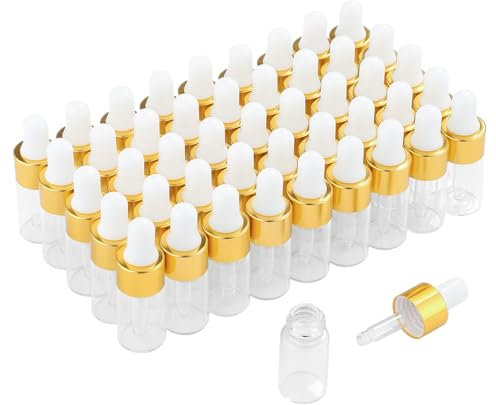 50 Pack mini flacons compte gouttes vides en verre avec bouchons dorés,flacons d'échantillons de parfum pour huiles essentielles, huiles corporelles et liquides (3ml)