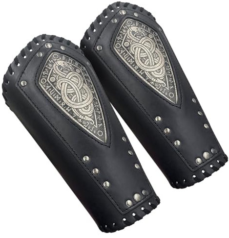 HiiFeuer Viking Geprägter Drache Kunstleder Armschützer, Mittelalterliche Vintage Söldner Arm Armschienen, Retro Ritter Fehdehandschuhe (Schwarz A)