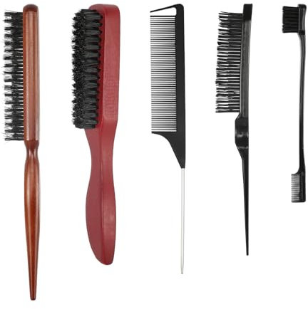 5 Stück Sleek Bun Bürste, Wildschweinborsten Bürste Doppelkanten Bürste und Kamm Borsten, Sleek Bürste Bart Pinsel Haarbürste mit Dichten für Welliges Trockenes Haar