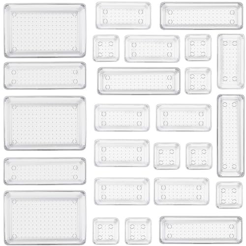 Collazoey 25 piezas Organizadores de Cajones Transparentes,con Organizador de tocador de 4 Tamaños,Organizadores de Cosméticos Transparentes Antideslizantes para Baño,Tocador,Cocina,Oficina