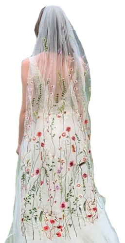 Wisafory Brautschleier Blumenstickerei Hochzeitsschleier mit Kamm Weiß Tüll Braut Schleier Bunt Bestickte Softtüll Kirchenschleier Haarschmuck für Hochzeit Junggesellinnenabschied 90cm
