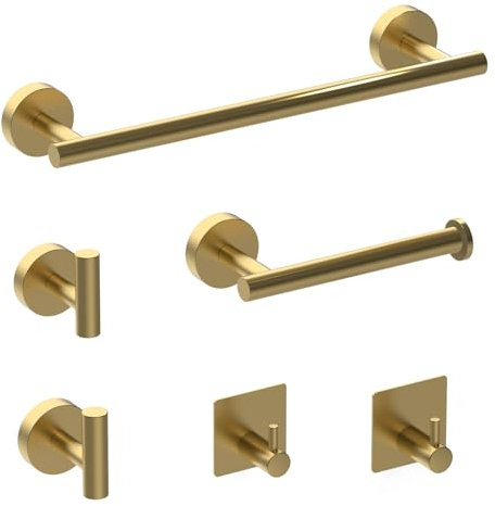 Gold Bathroom Accessories Set 6-Piece, Towel Rail Bathroom Hardware Set 40CM Towel Rail, Toilet Paper Holder, 2 Wall Hooks, 2 Robe Hooks 304 Stainless Steel Screw-Fixed Wall Mounted