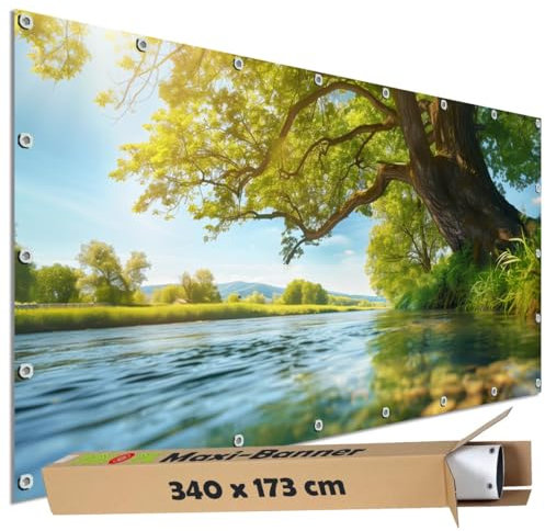TRIOSK Große Motivplane Sichtschutz Zaunblende mit Motiv Uferbaum Fluss Wasser Baum Sonne Motivbanner Garten Deko Plane Blickdicht für Zaun Terrasse Gartenzaun Zaunplane PVC 340x173 cm