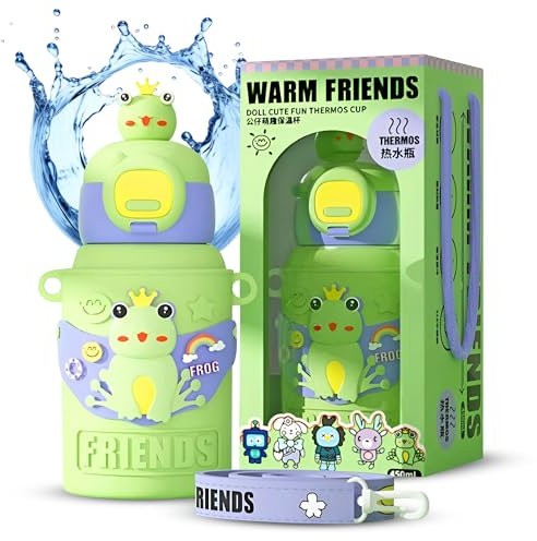 Darcarper Botella de Agua para Niños - Termo 450ml con Pajita Sin BPA, Acero Inoxidable, A Prueba de Fugas, 2 Tapas, Cerradura Segura, Reutilizable