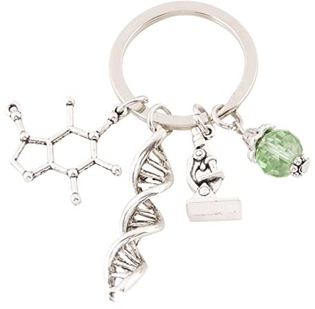 TAZIZI Wissenschaftlicher Schlüsselanhänger, Biologie, Chemie, dekorativer Abschlussring mit DNA-Charm, Lehrer, Studenten, Ornament, silber, E2835