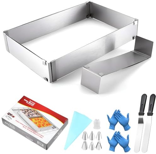 FANWINKJ Stampo per torte regolabile, teglia rettangolare in acciaio inox, anello per torte in acciaio inox, set da forno 14 pezzi