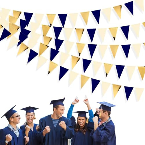 Goerpn 30Ft Navy Blue Gold Party Decorations,Triangle Flag Pennant Garland | Birthday Bunting Paper for Bachelorette Engagement Wedding Birthday Baby Shower Anniversary Hen Graduation Party Supplies