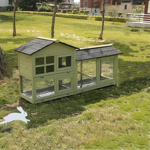 Kaninchenstall für Draußen, Zweistöckiger Kaninchenkäfig mit Kippbarem Auslauf und Tabletts, Großer Hölzerner Kaninchenstall für Hühner, Meerschweinchen und Haustiere(Malt Green)