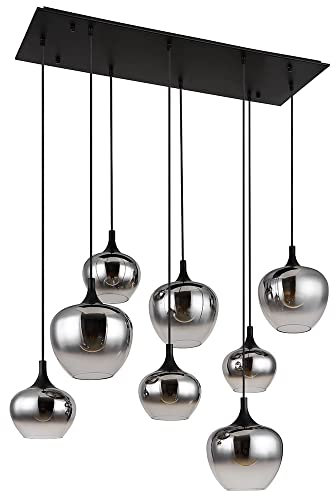GLOBO Pendellampe Hängeleuchte Wohnzimmer Pendelleuchte Wohnzimmer Esstischleuchte rauch Glasschirm, Metall schwarz, Fassungen 8x E27, LxBxH 105x45x120 cm