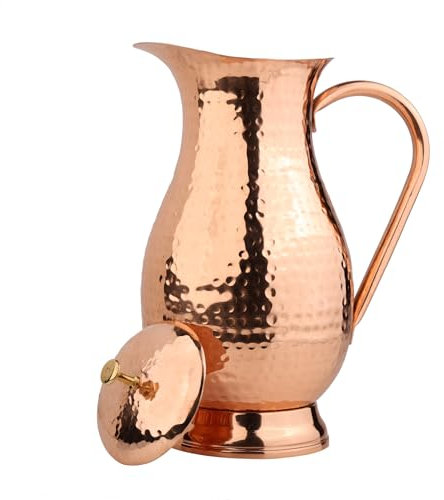 Jarra de cobre puro con tapa, gran jarra de agua martillada de cobre macizo, capacidad 60 oz/1800 ml, jarra de cobre para el hogar, hoteles y restaurantes