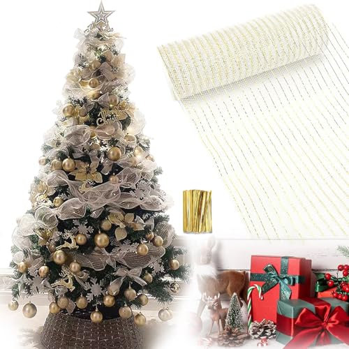 Natale Tinsel Ghirlanda Metallica Scintillante, Ornamenti Per Albero Di Natale, Rotolo Di Rete Per Decorazioni 26 Cm X 9,14 M (Oro Bianco)