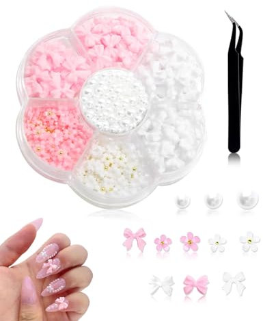 KGDUYC 1000 Stück Nail Art Zubehör- weiße Schleifen, Nagelharzperlen, flache Rückseite, Blumenperlen, Charms für den Valentinstag, Accessoires für Frauen