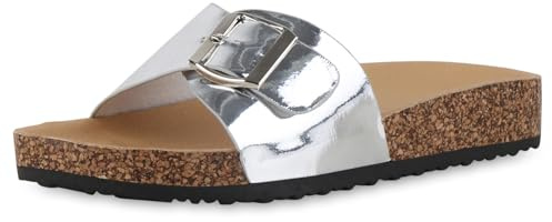 VAN HILL Damen Pantoletten Flach Lack Bequem Schuhe 216163 Silber 40