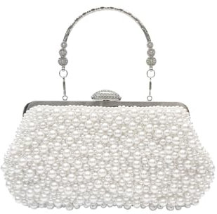 CORIOS Damen Perlen Clutch Tasche Luxus Abendtasche Hochzeit Brautbörse Elegante Handtasche Kette Schultertasche Portemonnaie Tasche Retro Umhängetasche für Geldbörse Abendparty Weiß