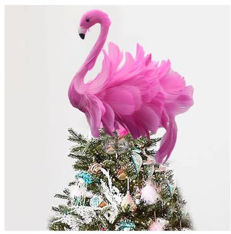 Flamingo Christmas Tree Topper Flamingo Ornament with Fluffy Artificial Feathers for Christmas Garden Indoor Outdoor Holiday Ornament Party (Pink, 25 * 23 * 12cm)