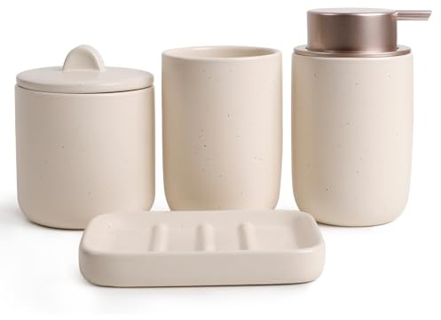 UMLACA Badezimmer Set Keramik, 4 Teiles Badezimmer Zubehör Set, Badezimmer Organizer mit Seifenspender, Seifenschale, Zahnputzbecher, Wattestäbchen Kanister, Hochwertiges Badezimmer Deko Set