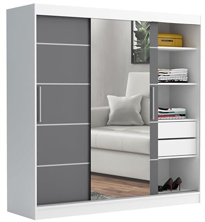 Brent - Kleiderschrank mit Spiegel und Schubladen 200cm Breit Chelsea Tomy, Schwebetürenschrank mit Spiegel, Schlafzimmerschrank, Kleiderschrank Weiß/Anthrazit