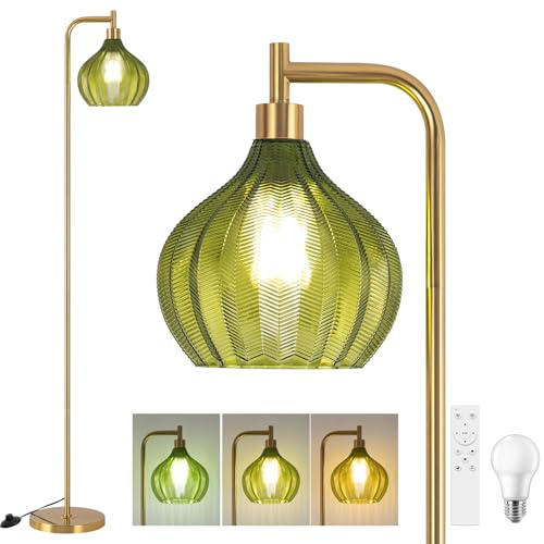EIDISUNY Gold Floor Lamp for Living Room, Modern Glass Floor Lamp with Remote, Dimmable, 3CCT, Green Glass Lampshade, Pedal Switch, Arc Tall Lamp for Bedroom StudyRoom DiningRoom Office(Bulb Included)