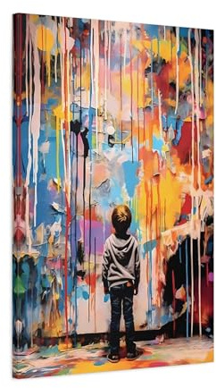 Abstrakt Banksy barn canvastryck – pojke tittar på färgglad väggkonst 24 x 36 tum 60 x 90 cm (vertikal) / 1,25 tum 3,175 cm