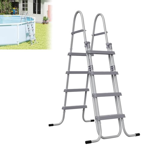 XMTECH 4-Stufige Poolleiter mit Klappfunktion, bis 150 kg belastbar, rutschfest & korrosionsgeschützt, stabile Schwimmbadleiter Sicherheitsleiter, 160 cm Höhe, Grau