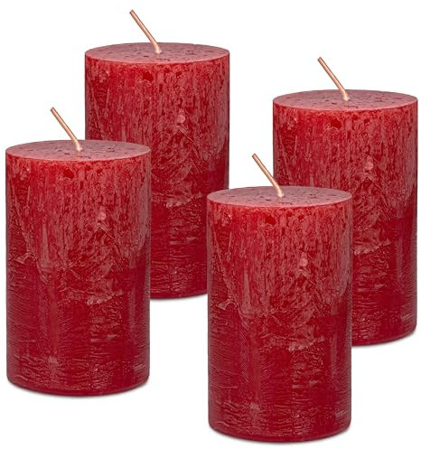 DecoLite Stumpenkerzen Rustic 4er Set 110x70 mm | Selbstverlöschend Safe Candle | Durchgefärbt RAL-zertifiziert | Brenndauer ca. 51h | Made in Germany | Rustik Deko Kerzen von DecoLite (rot)